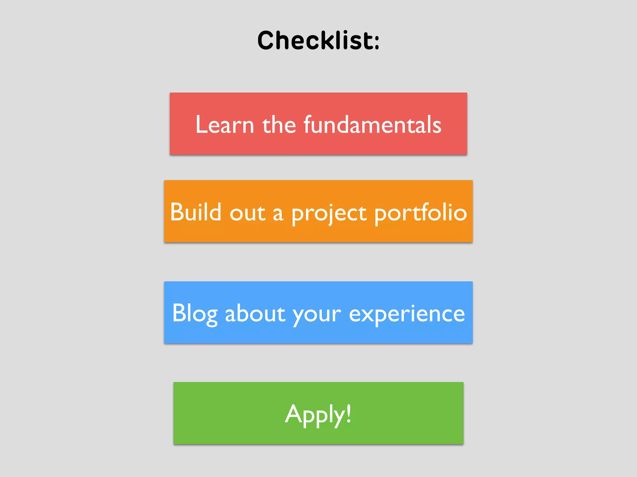 Checklist:
Learn the fundamentals
Build out a project portfolio
Apply!
Blog about your experience
 