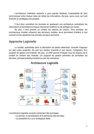 L’architecture matérielle existante a pour grande faiblesse l’impossibilité de faire
communiquer entre chaque corps de métier les informations. De plus, aucun suivi, qu’il soit
financier ou stratégique est possible.

      Il faut donc centraliser les données en appliquant une architecture centralisant les
informations et permettant à chaque intervenant d’obtenir ou de partager son travail.
      De plus, il faut prendre en compte les besoins de chacun. Pour exemple, les
commerciaux mobiles utiliseront des terminaux mobiles, leurs permettant d’obtenir à tout
moment et très rapidement les données de façon pertinente.


Approche Logicielle
       La société, spécialisée dans la fabrication de pièces détachées, souhaite s’appuyer
sur des suites progiciels. De part son secteur d’activité et son besoin, l’intégration d’un
progiciel de gestion est évidente. De plus, un ERP permet d’intégrer tous les besoins de la
société en utilisant des modules. Un progiciel de gestion permettra de centraliser les
données, principal problème existant au sein de l’entreprise.




L’architecture logicielle suivante comportent des avantages.
       - Le premier, la centralisation et la pertinence des données
       - La possibilité d’un suivi stratégique fiable.


                                                                                         5
 