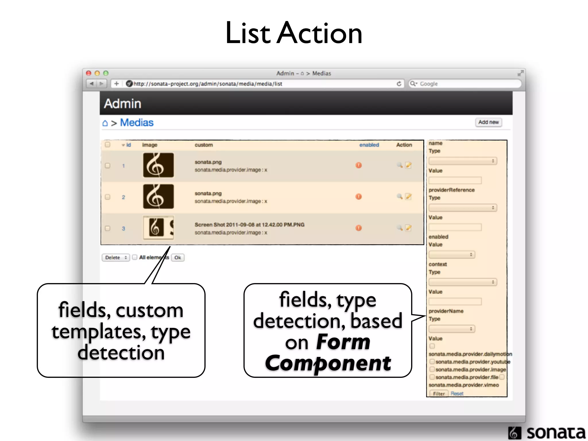 List Action




 ﬁelds, custom        ﬁelds, type
templates, type     detection, based
   detection           on Form
                     Component
 