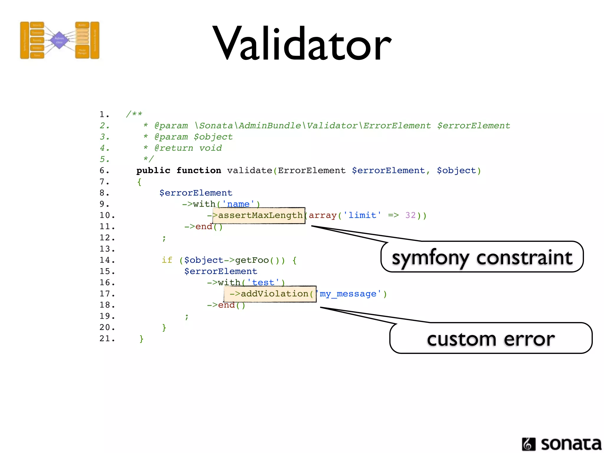 Validator
1.     /**
2.        * @param SonataAdminBundleValidatorErrorElement $errorElement
3.        * @param $object
4.        * @return void
5.        */
6.       public function validate(ErrorElement $errorElement, $object)
7.       {
8.           $errorElement
9.               ->with('name')
10.                  ->assertMaxLength(array('limit' => 32))
11.              ->end()
12.          ;

                                                      symfony constraint
13.         
14.          if ($object->getFoo()) {
15.              $errorElement
16.                  ->with('test')
17.                      ->addViolation('my_message')
18.                  ->end()
19.              ;
20.          }
21.      }                                                  custom error
 