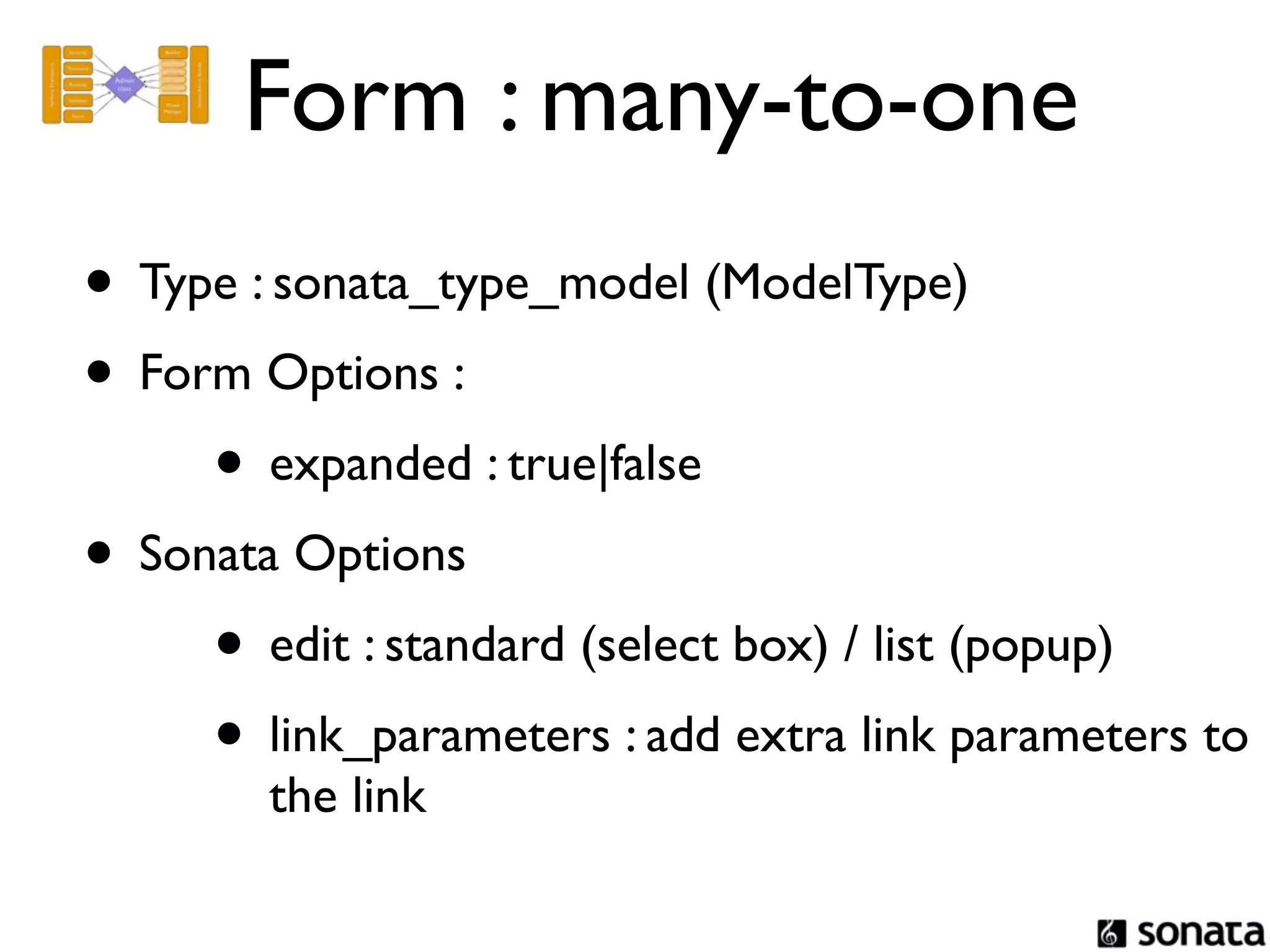 Form : many-to-one
• Type : sonata_type_model (ModelType)
• Form Options :
     • expanded : true|false
• Sonata Options
     • edit : standard (select box) / list (popup)
     • link_parameters : add extra link parameters to
        the link
 
