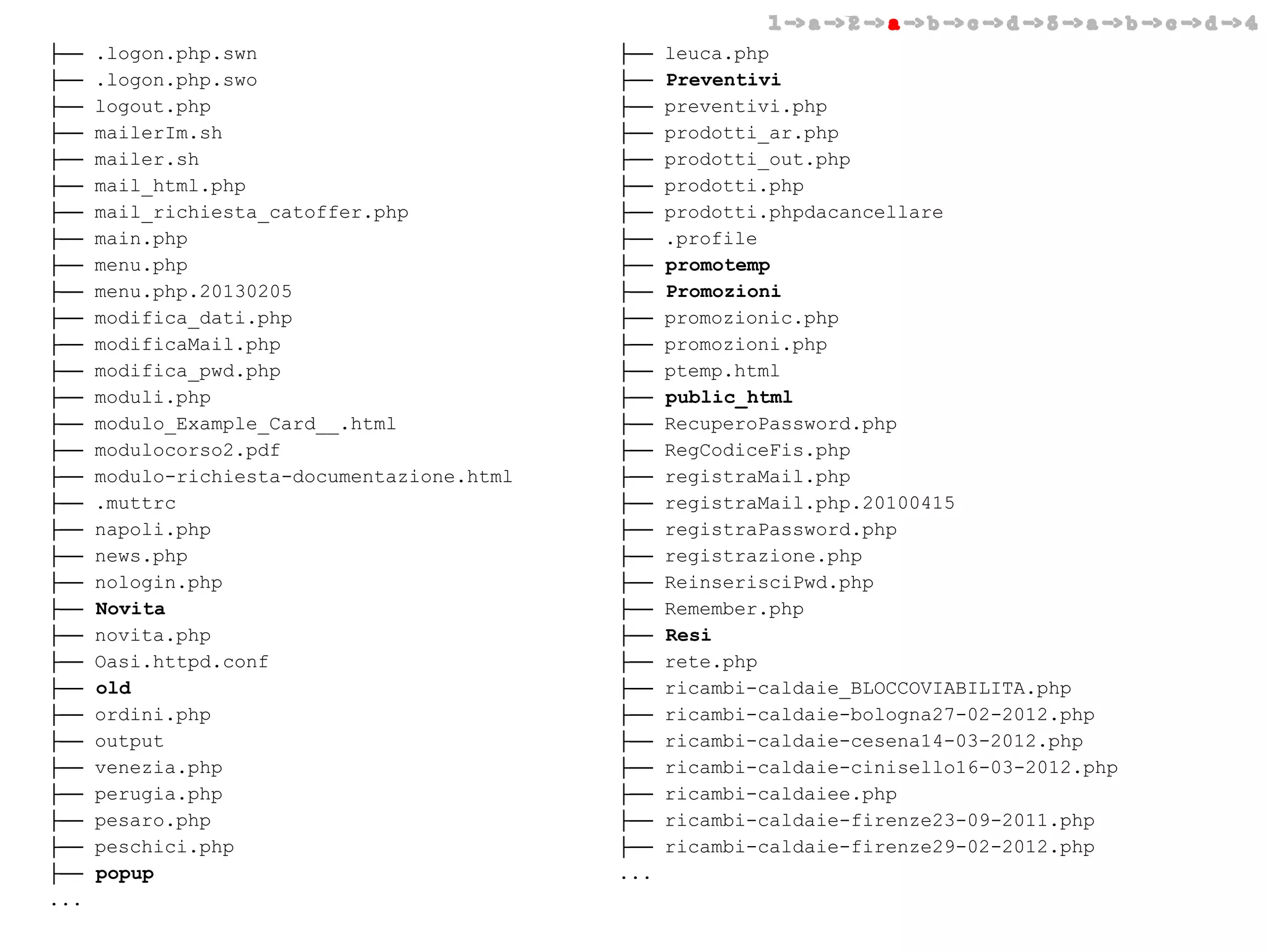 1 -> a -> 2 -> a -> b -> c -> d -> 3 -> a -> b -> c -> d -> 4

├──
├──
├──
├──
├──
├──
├──
├──
├──
├──
├──
├──
├──
├──
├──
├──
├──
├──
├──
├──
├──
├──
├──
├──
├──
├──
├──
├──
├──
├──
├──
├──
...

.logon.php.swn
.logon.php.swo
logout.php
mailerIm.sh
mailer.sh
mail_html.php
mail_richiesta_catoffer.php
main.php
menu.php
menu.php.20130205
modifica_dati.php
modificaMail.php
modifica_pwd.php
moduli.php
modulo_Example_Card__.html
modulocorso2.pdf
modulo-richiesta-documentazione.html
.muttrc
napoli.php
news.php
nologin.php
Novita
novita.php
Oasi.httpd.conf
old
ordini.php
output
venezia.php
perugia.php
pesaro.php
peschici.php
popup

├──
├──
├──
├──
├──
├──
├──
├──
├──
├──
├──
├──
├──
├──
├──
├──
├──
├──
├──
├──
├──
├──
├──
├──
├──
├──
├──
├──
├──
├──
├──
...

leuca.php
Preventivi
preventivi.php
prodotti_ar.php
prodotti_out.php
prodotti.php
prodotti.phpdacancellare
.profile
promotemp
Promozioni
promozionic.php
promozioni.php
ptemp.html
public_html
RecuperoPassword.php
RegCodiceFis.php
registraMail.php
registraMail.php.20100415
registraPassword.php
registrazione.php
ReinserisciPwd.php
Remember.php
Resi
rete.php
ricambi-caldaie_BLOCCOVIABILITA.php
ricambi-caldaie-bologna27-02-2012.php
ricambi-caldaie-cesena14-03-2012.php
ricambi-caldaie-cinisello16-03-2012.php
ricambi-caldaiee.php
ricambi-caldaie-firenze23-09-2011.php
ricambi-caldaie-firenze29-02-2012.php

 