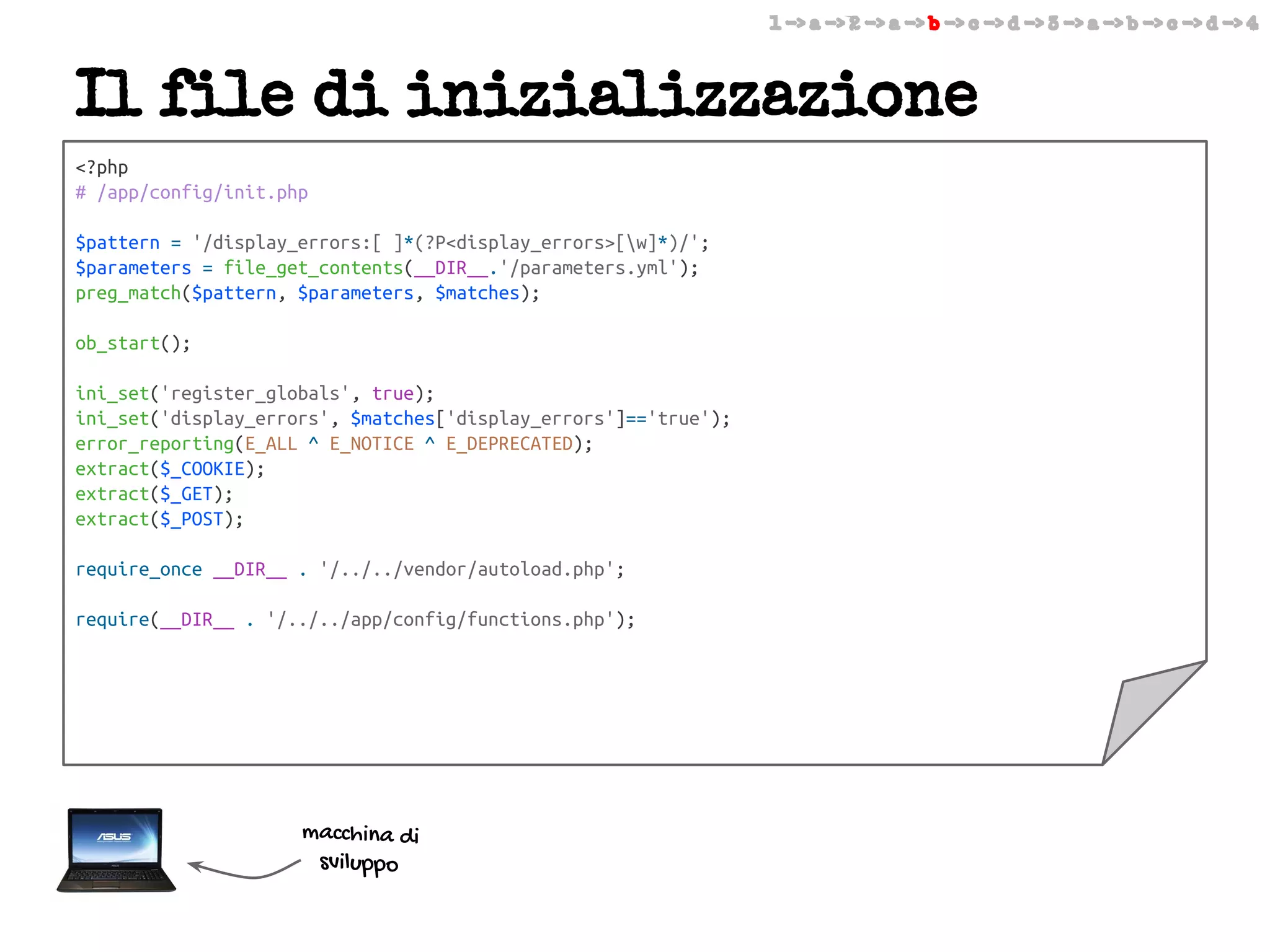 1 -> a -> 2 -> a -> b -> c -> d -> 3 -> a -> b -> c -> d -> 4

Il file di inizializzazione
<?php
# /app/config/init.php
$pattern = '/display_errors:[ ]*(?P<display_errors>[w]*)/';
$parameters = file_get_contents(__DIR__.'/parameters.yml');
preg_match($pattern, $parameters, $matches);
ob_start();
ini_set('register_globals', true);
ini_set('display_errors', $matches['display_errors']=='true');
error_reporting(E_ALL ^ E_NOTICE ^ E_DEPRECATED);
extract($_COOKIE);
extract($_GET);
extract($_POST);
require_once __DIR__ . '/../../vendor/autoload.php';
require(__DIR__ . '/../../app/config/functions.php');

macchina di
sviluppo

 