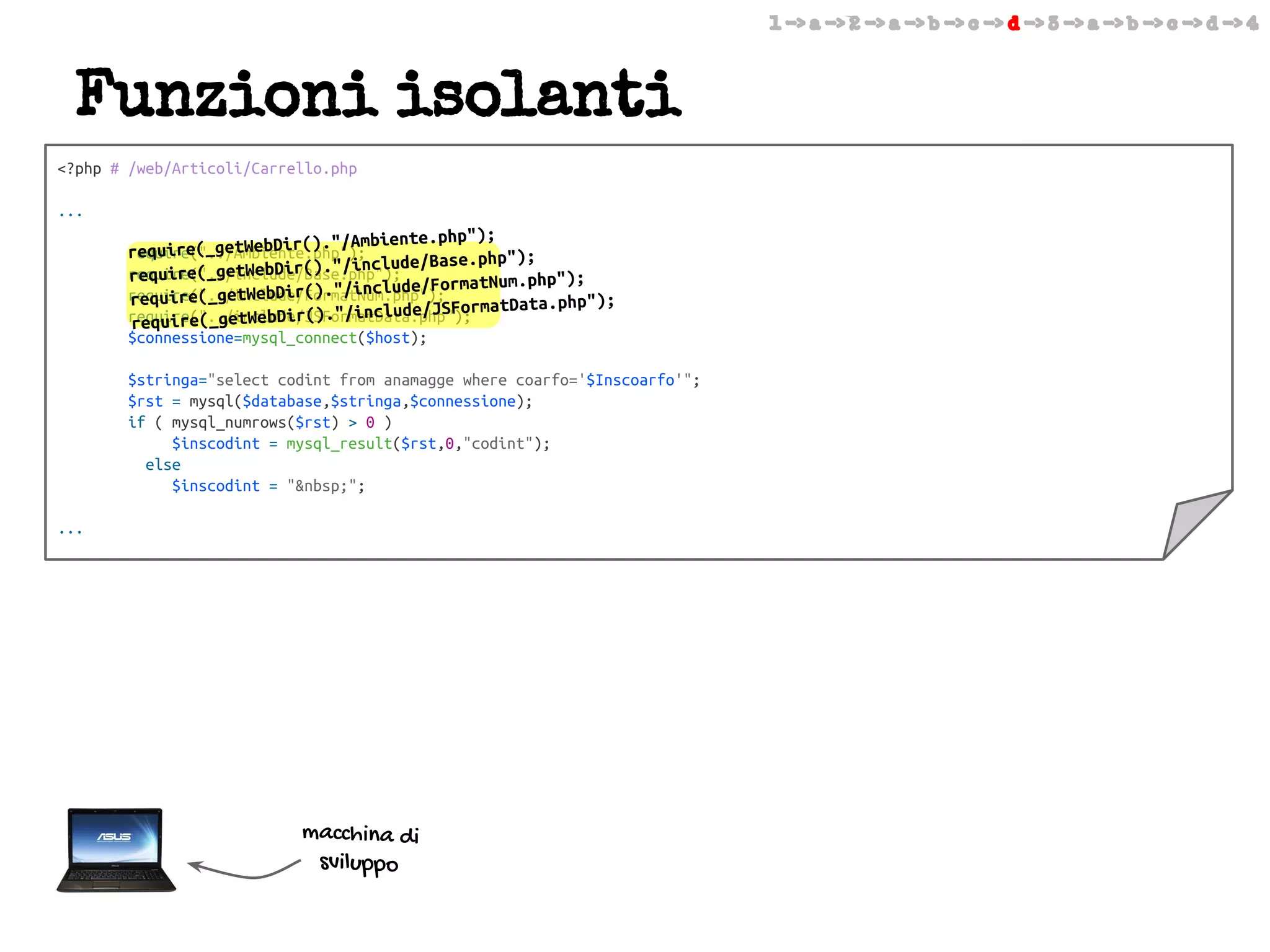 1 -> a -> 2 -> a -> b -> c -> d -> 3 -> a -> b -> c -> d -> 4

Funzioni isolanti
<?php # /web/Articoli/Carrello.php
...

()."/Ambiente.php");

require(_getWebDir
require("../Ambiente.php");
/include/Base.php");
require("../include/Base.php");
require(_getWebDir()."
");
/include/FormatNum.php
require("../include/FormatNum.php");
require(_getWebDir()."
a.php");
/include/JSFormatDat
require("../include/JSFormatData.php");
require(_getWebDir()."
$connessione=mysql_connect($host);
$stringa="select codint from anamagge where coarfo='$Inscoarfo'";
$rst = mysql($database,$stringa,$connessione);
if ( mysql_numrows($rst) > 0 )
$inscodint = mysql_result($rst,0,"codint");
else
$inscodint = "&nbsp;";
...

macchina di
sviluppo

 
