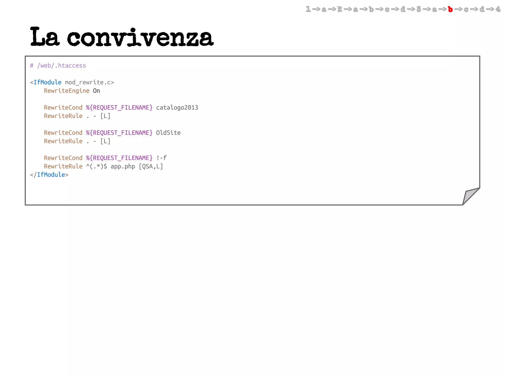 1 -> a -> 2 -> a -> b -> c -> d -> 3 -> a -> b -> c -> d -> 4

La convivenza
# /web/.htaccess
<IfModule mod_rewrite.c>
RewriteEngine On
RewriteCond %{REQUEST_FILENAME} catalogo2013
RewriteRule . - [L]
RewriteCond %{REQUEST_FILENAME} OldSite
RewriteRule . - [L]
RewriteCond %{REQUEST_FILENAME} !-f
RewriteRule ^(.*)$ app.php [QSA,L]
</IfModule>

 