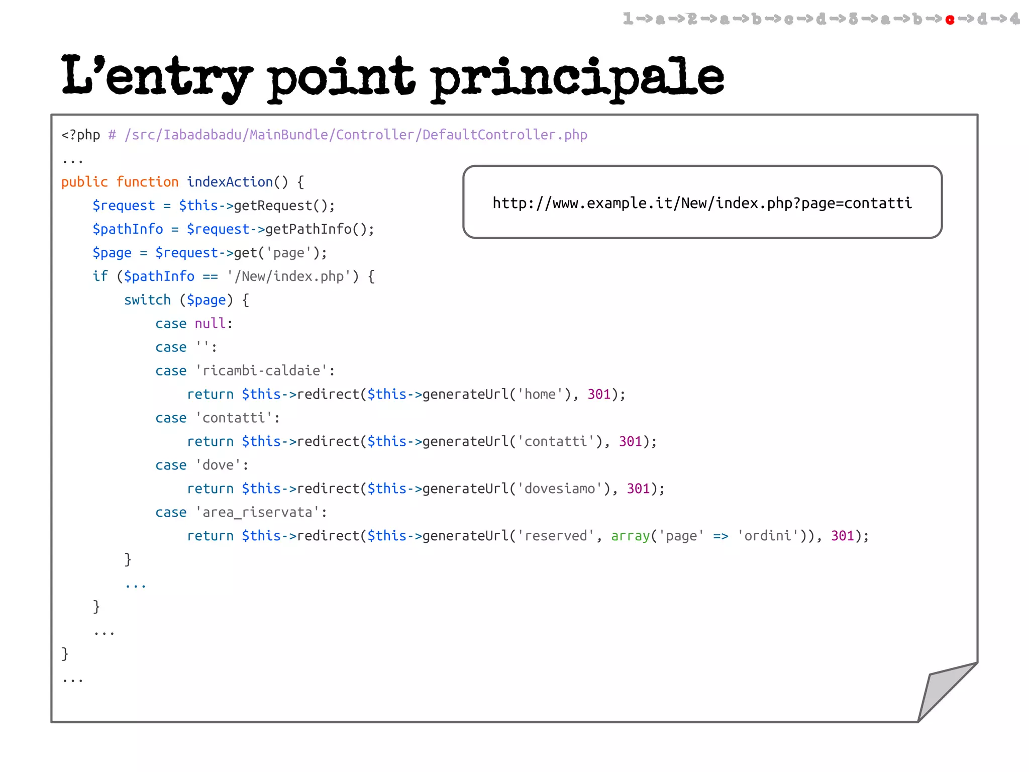 1 -> a -> 2 -> a -> b -> c -> d -> 3 -> a -> b -> c -> d -> 4

L’entry point principale
<?php # /src/Iabadabadu/MainBundle/Controller/DefaultController.php
...
public function indexAction() {
http://www.example.it/New/index.php?page=contatti
$request = $this->getRequest();
$pathInfo = $request->getPathInfo();
$page = $request->get('page');
if ($pathInfo == '/New/index.php') {
switch ($page) {
case null:
case '':
case 'ricambi-caldaie':
return $this->redirect($this->generateUrl('home'), 301);
case 'contatti':
return $this->redirect($this->generateUrl('contatti'), 301);
case 'dove':
return $this->redirect($this->generateUrl('dovesiamo'), 301);
case 'area_riservata':
return $this->redirect($this->generateUrl('reserved', array('page' => 'ordini')), 301);
}
...
}
...
}
...

 