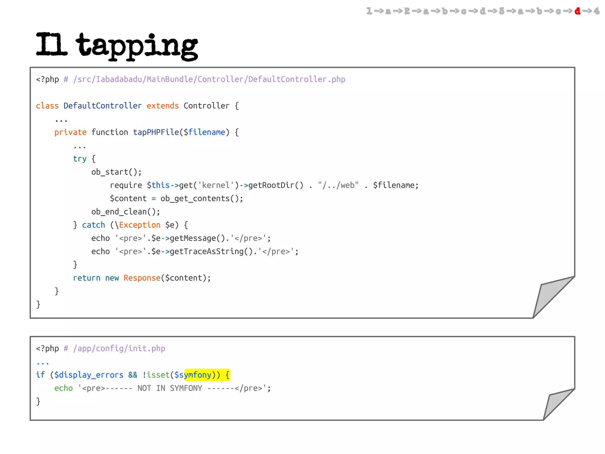 1 -> a -> 2 -> a -> b -> c -> d -> 3 -> a -> b -> c -> d -> 4

Il tapping
<?php # /src/Iabadabadu/MainBundle/Controller/DefaultController.php
class DefaultController extends Controller {
...
private function tapPHPFile($filename) {
...
try {
ob_start();
require $this->get('kernel')->getRootDir() . "/../web" . $filename;
$content = ob_get_contents();
ob_end_clean();
} catch (Exception $e) {
echo '<pre>'.$e->getMessage().'</pre>';
echo '<pre>'.$e->getTraceAsString().'</pre>';
}
return new Response($content);
}
}

<?php # /app/config/init.php
...
if ($display_errors && !isset($symfony)) {
echo '<pre>------ NOT IN SYMFONY ------</pre>';
}

 