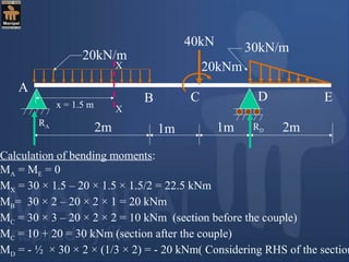 20kN/m
30kN/m40kN
2m 2m
A
D
1m 1m
B C E
20kNm
RA RD
Calculation of bending moments:
MA = ME = 0
MX = 30 × 1.5 – 20 × 1.5 × 1.5/2 = 22.5 kNm
MB= 30 × 2 – 20 × 2 × 1 = 20 kNm
MC = 30 × 3 – 20 × 2 × 2 = 10 kNm (section before the couple)
MC = 10 + 20 = 30 kNm (section after the couple)
MD = - ½ × 30 × 2 × (1/3 × 2) = - 20 kNm( Considering RHS of the section
x = 1.5 m X
X
 