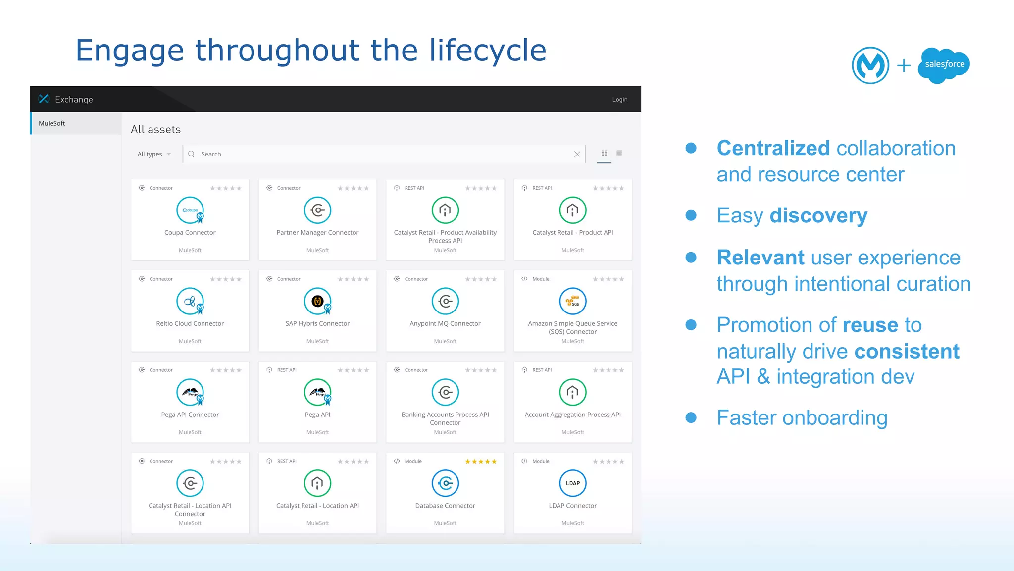Engage throughout the lifecycle
● Centralized collaboration
and resource center
● Easy discovery
● Relevant user experience
through intentional curation
● Promotion of reuse to
naturally drive consistent
API & integration dev
● Faster onboarding
 