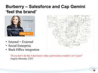 Burberry – Salesforce and Cap Gemini
‘feel the brand’




• Internal = External
• Social Enterprise
• Back Office integration
   “If you don’t do that I dont know what your business model is in 5 years”
   Angela Ahrendts, CEO
 