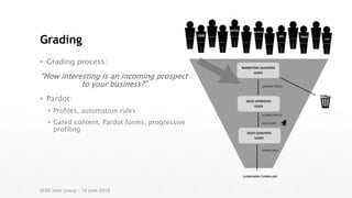 Grading
• Grading process:
“How interesting is an incoming prospect
to your business?”
• Pardot:
• Profiles, automation rules
• Gated content, Pardot forms, progressive
profiling
SFDC User Group – 16 June 2016
 