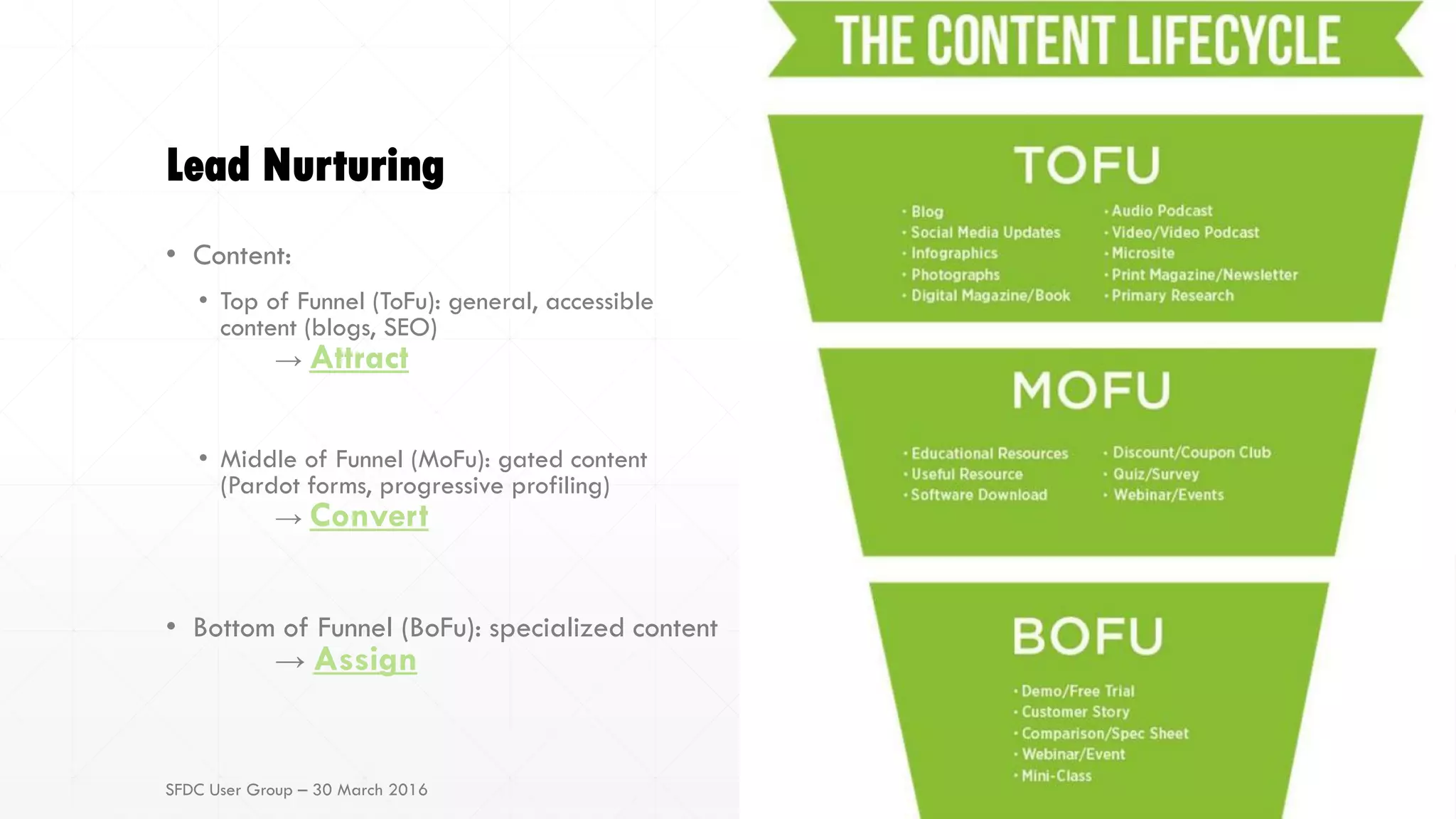 Lead Nurturing
• Content:
• Top of Funnel (ToFu): general, accessible
content (blogs, SEO)
→ Attract
• Middle of Funnel (MoFu): gated content
(Pardot forms, progressive profiling)
→ Convert
• Bottom of Funnel (BoFu): specialized content
→ Assign
SFDC User Group – 30 March 2016
 