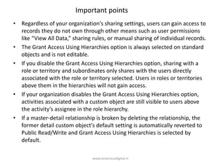 Important points
• Regardless of your organization's sharing settings, users can gain access to
records they do not own through other means such as user permissions
like “View All Data,” sharing rules, or manual sharing of individual records.
• The Grant Access Using Hierarchies option is always selected on standard
objects and is not editable.
• If you disable the Grant Access Using Hierarchies option, sharing with a
role or territory and subordinates only shares with the users directly
associated with the role or territory selected. Users in roles or territories
above them in the hierarchies will not gain access.
• If your organization disables the Grant Access Using Hierarchies option,
activities associated with a custom object are still visible to users above
the activity’s assignee in the role hierarchy.
• If a master-detail relationship is broken by deleting the relationship, the
former detail custom object's default setting is automatically reverted to
Public Read/Write and Grant Access Using Hierarchies is selected by
default.
www.victoriousdigital.in
 