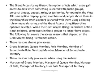 • The Grant Access Using Hierarchies option affects which users gain
access to data when something is shared with public groups,
personal groups, queues, roles, or territories. For example, the View
All Users option displays group members and people above them in
the hierarchies when a record is shared with them using a sharing
rule or manual sharing and the Grant Access Using Hierarchies
option is selected. When the Grant Access Using Hierarchies option
is not selected, some users in these groups no longer have access.
The following list covers the access reasons that depend on the
Grant Access Using Hierarchies option.
• These reasons always gain access:
• Group Member, Queue Member, Role Member, Member of
Subordinate Role, Territory Member, Member of Subordinate
Territory
• These reasons only gain access when using hierarchies:
• Manager of Group Member, Manager of Queue Member, Manager
of Role, Manager of Territory, User Role Manager of Territory
www.victoriousdigital.in
 