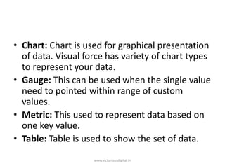 • Chart: Chart is used for graphical presentation
of data. Visual force has variety of chart types
to represent your data.
• Gauge: This can be used when the single value
need to pointed within range of custom
values.
• Metric: This used to represent data based on
one key value.
• Table: Table is used to show the set of data.
www.victoriousdigital.in
 