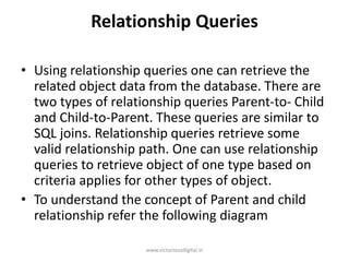 Relationship Queries
• Using relationship queries one can retrieve the
related object data from the database. There are
two types of relationship queries Parent-to- Child
and Child-to-Parent. These queries are similar to
SQL joins. Relationship queries retrieve some
valid relationship path. One can use relationship
queries to retrieve object of one type based on
criteria applies for other types of object.
• To understand the concept of Parent and child
relationship refer the following diagram
www.victoriousdigital.in
 