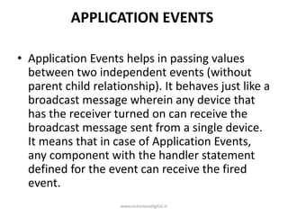 APPLICATION EVENTS
• Application Events helps in passing values
between two independent events (without
parent child relationship). It behaves just like a
broadcast message wherein any device that
has the receiver turned on can receive the
broadcast message sent from a single device.
It means that in case of Application Events,
any component with the handler statement
defined for the event can receive the fired
event.
www.victoriousdigital.in
 
