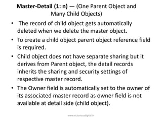 Master-Detail (1: n) — (One Parent Object and
Many Child Objects)
• The record of child object gets automatically
deleted when we delete the master object.
• To create a child object parent object reference field
is required.
• Child object does not have separate sharing but it
derives from Parent object, the detail records
inherits the sharing and security settings of
respective master record.
• The Owner field is automatically set to the owner of
its associated master record as owner field is not
available at detail side (child object).
www.victoriousdigital.in
 