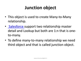 Junction object
• This object is used to create Many-to-Many
relationship.
• Salesforce support two relationship master
detail and Lookup but both are 1:n that is one-
to-many.
• To define many-to-many relationship we need
third object and that is called junction object.
www.victoriousdigital.in
 
