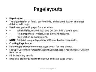 Pagelayouts
• Page Layout
• The organization of fields, custom links, and related lists on an object
detail or edit page.
• Used to organize UI pages for your users:
• – Which fields, related lists, and Custom links a user’s sees.
• – Field properties – visible, read-only and required.
• – Page section customizations.
• NOTE: Establish unique layouts for different business scenarios.
• Creating Page Layout:
• Following is example to create page layout for case object.
• Set Up->Customize->Object(Account,Contact,case)>Page Layout->Click on
New button
• Fill Mandatory details
• Drag and drop required to the layout and save page layout.
www.victoriousdigital.in
 