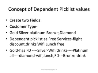 Concept of Dependent Picklist values
• Create two Fields
• Customer Type-
• Gold Silver platinum Bronze,Diamond
• Dependent picklist as Free Services-flight
discount,drinks,Wifi,Lunch free
• Gold-has FD ----Silver-Wifi,drinks----Platinum
all----diamond-wifi,lunch,FD---Bronze-drink
www.victoriousdigital.in
 