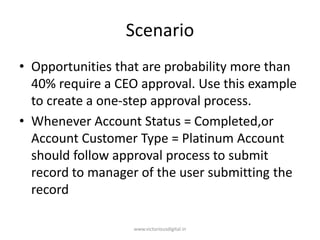 Scenario
• Opportunities that are probability more than
40% require a CEO approval. Use this example
to create a one-step approval process.
• Whenever Account Status = Completed,or
Account Customer Type = Platinum Account
should follow approval process to submit
record to manager of the user submitting the
record
www.victoriousdigital.in
 