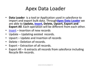 Apex Data Loader
• Data Loader is a tool or Application used in salesforce to
import and export bulk data. ThroughApex Data Loader we
are able to Update, Insert, Delete, Upsert, Export and
Export All. Each operation will be different from each other.
• Insert – insertion of new records
• Update – Updating existed records.
• Upsert – Update and Insertion of records
• Delete – Deletion of records.
• Export – Extraction of all records.
• Export All – It extracts all records from salesforce including
Recycle Bin records.
www.victoriousdigital.in
 
