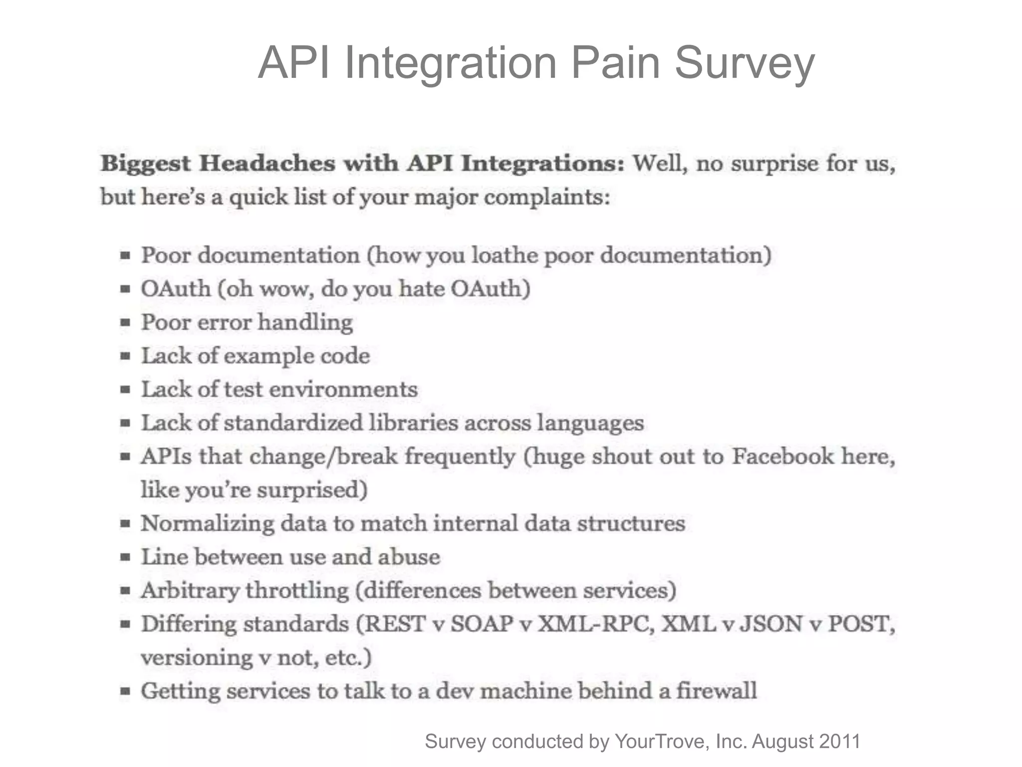 API Integration Pain SurveySurvey conducted by YourTrove, Inc. August 2011