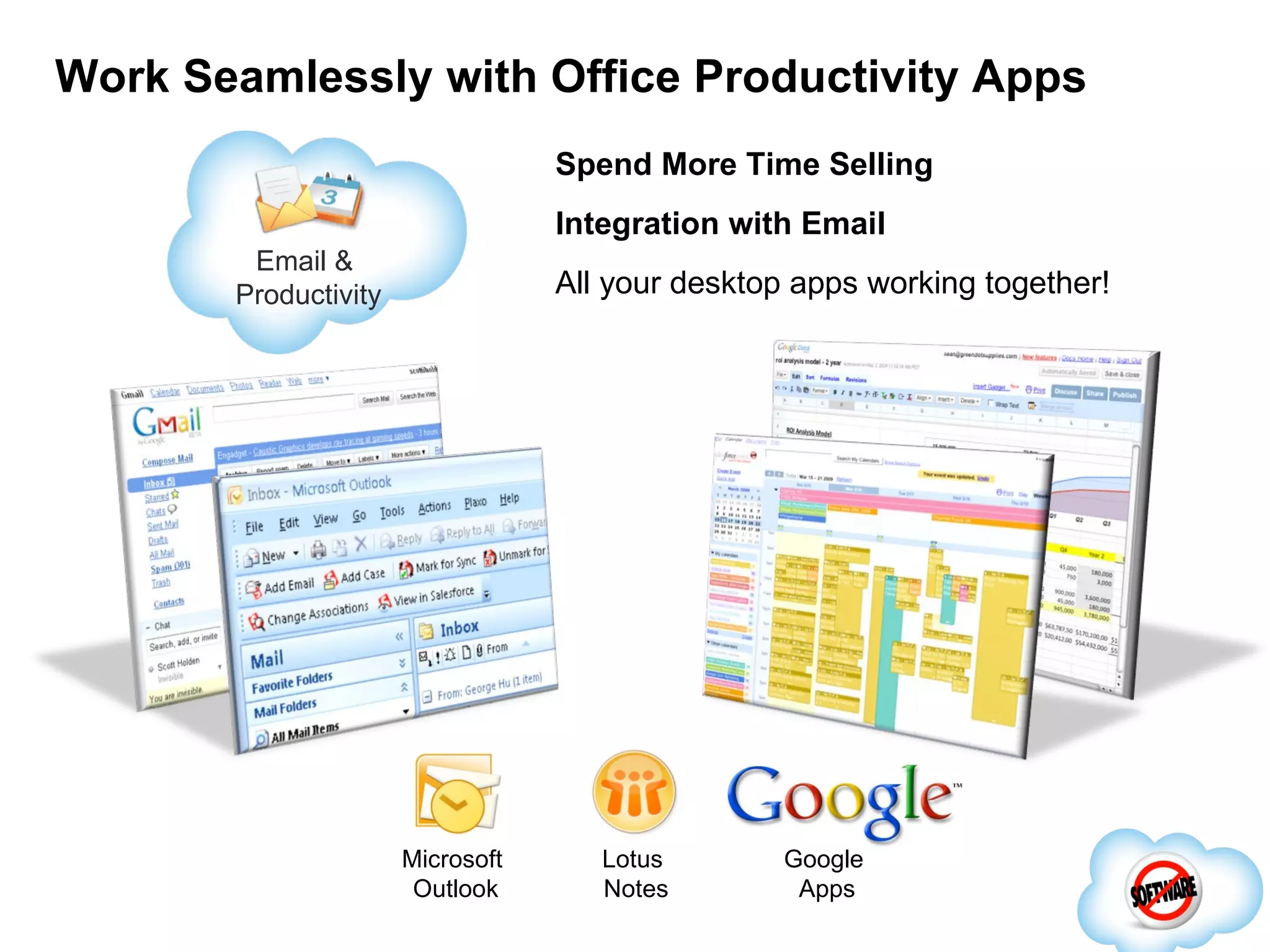 Work Seamlessly with Office Productivity Apps Microsoft Outlook Lotus Notes Google Apps Spend More Time Selling Integration with Email All your desktop apps working together! Email & Productivity 