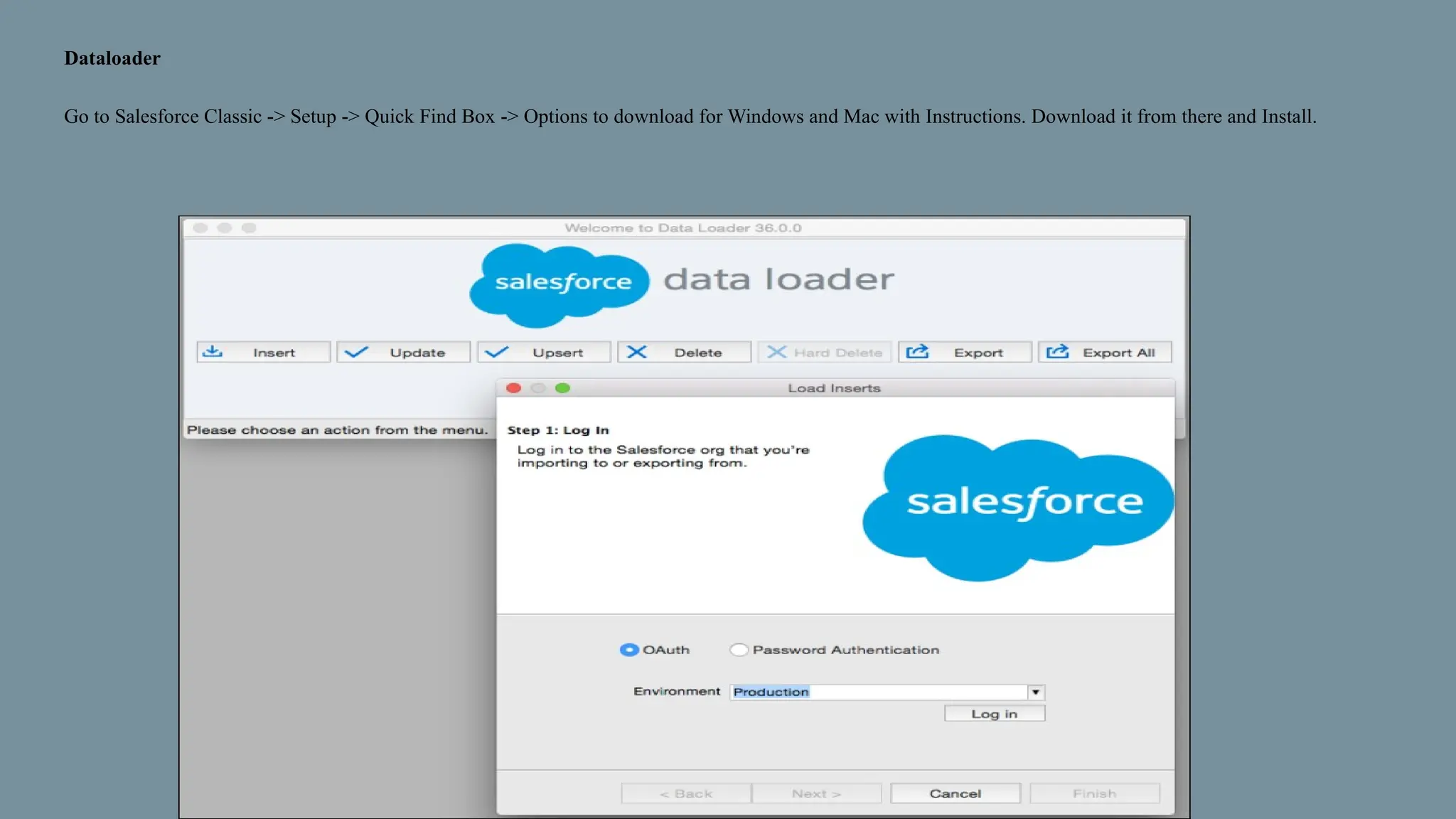 Dataloader
Go to Salesforce Classic -> Setup -> Quick Find Box -> Options to download for Windows and Mac with Instructions. Download it from there and Install.
 