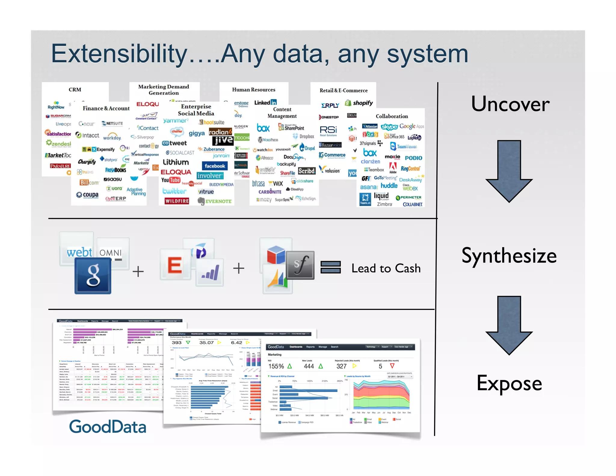 Extensibility….Any data, any system
                                            Uncover	





               +
                                           Synthesize	

      +
                 Lead to Cash	





                                            Expose	

 