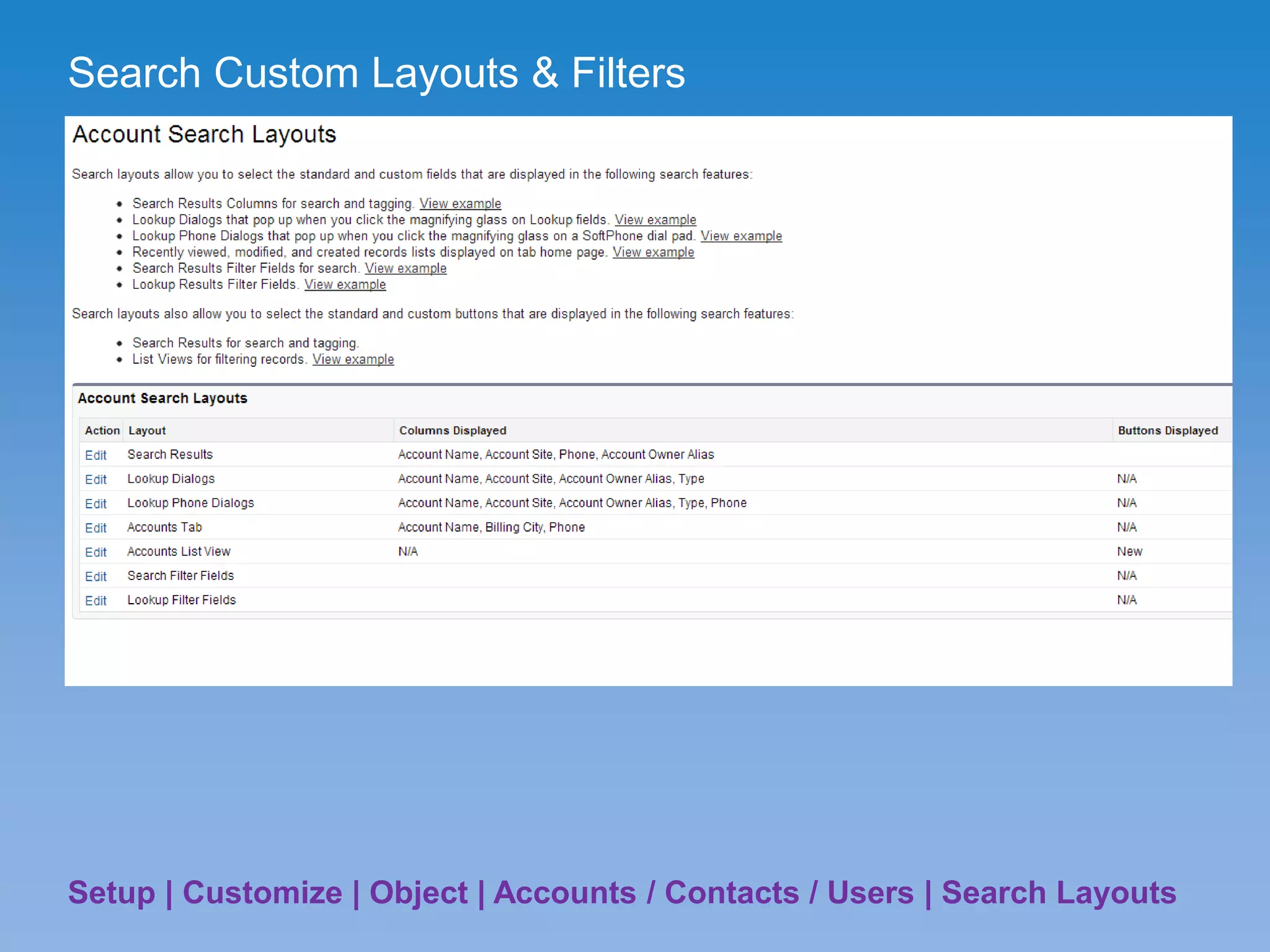 Search Custom Layouts & Filters
Setup | Customize | Object | Accounts / Contacts / Users | Search Layouts
 