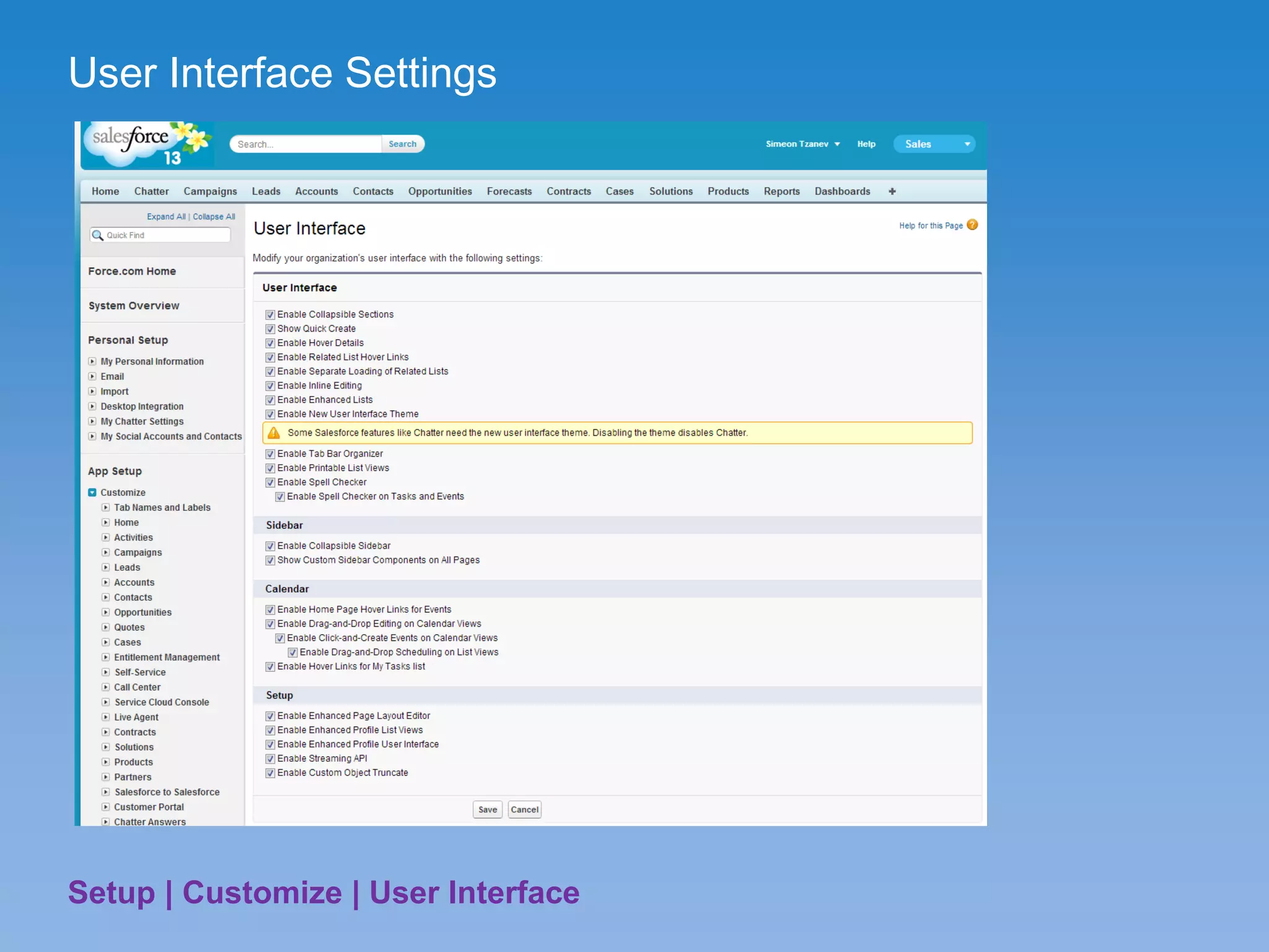 User Interface Settings
Setup | Customize | User Interface
 