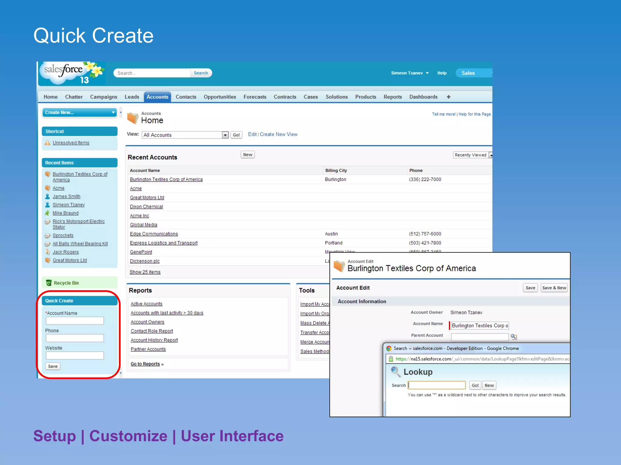 Quick Create
Setup | Customize | User Interface
 