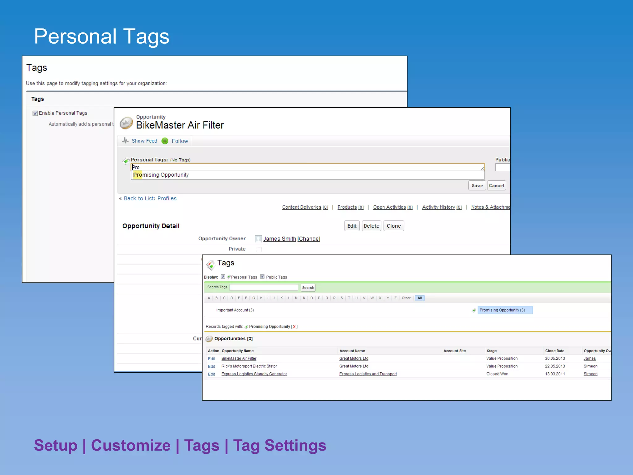 Personal Tags
Setup | Customize | Tags | Tag Settings
 