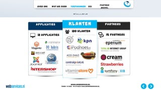 www.webservices.nl
Phone: +31 (0)23 – 55 39 003| e-mail:info@webservices.nl
Over ons Wat we doen Toepassingen ROI
Partner
Model
12 applicaties 15 partners
120 klanten
 