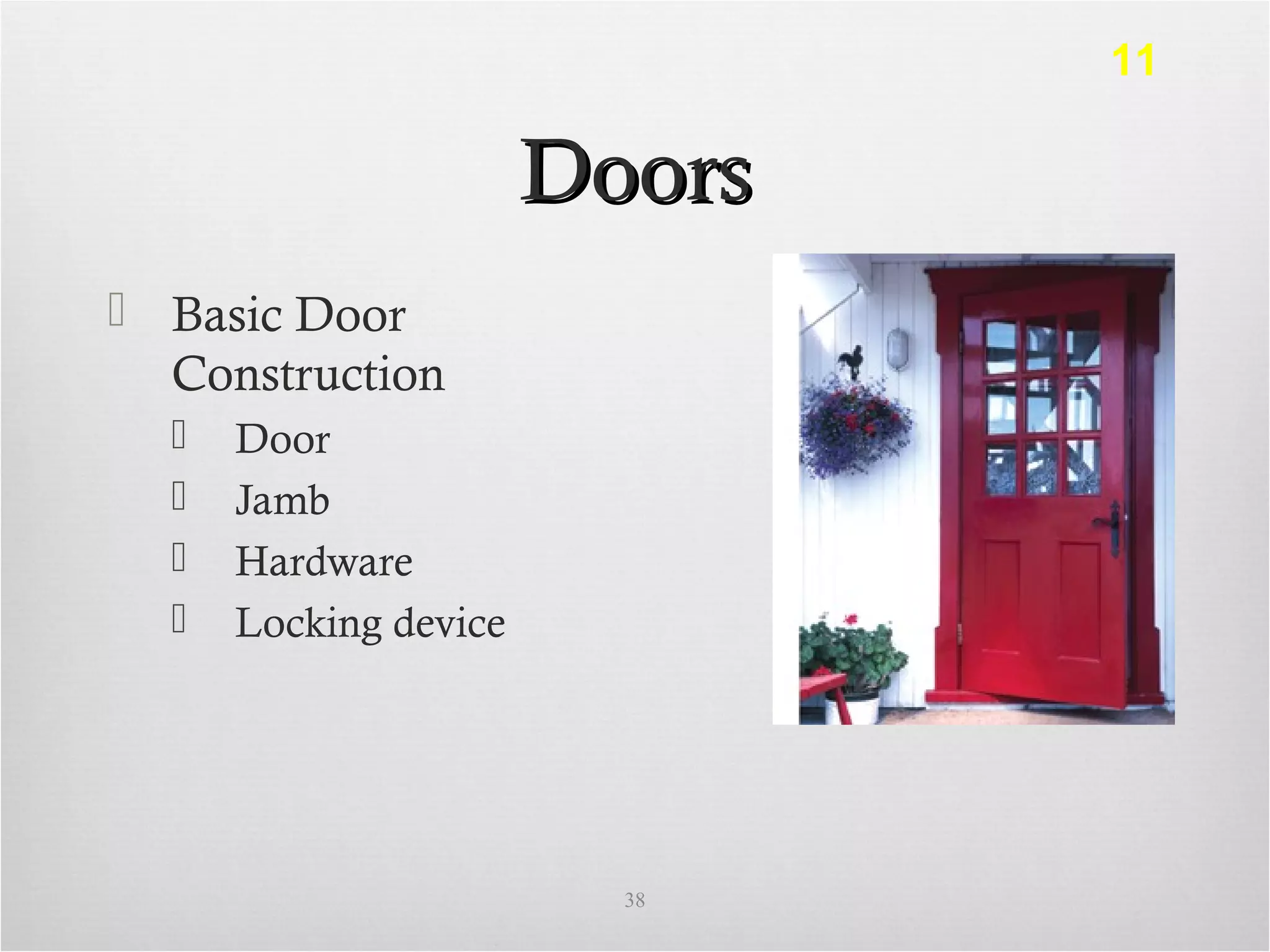 DoorsDoors
 Basic Door
Construction
 Door
 Jamb
 Hardware
 Locking device
38
11
 