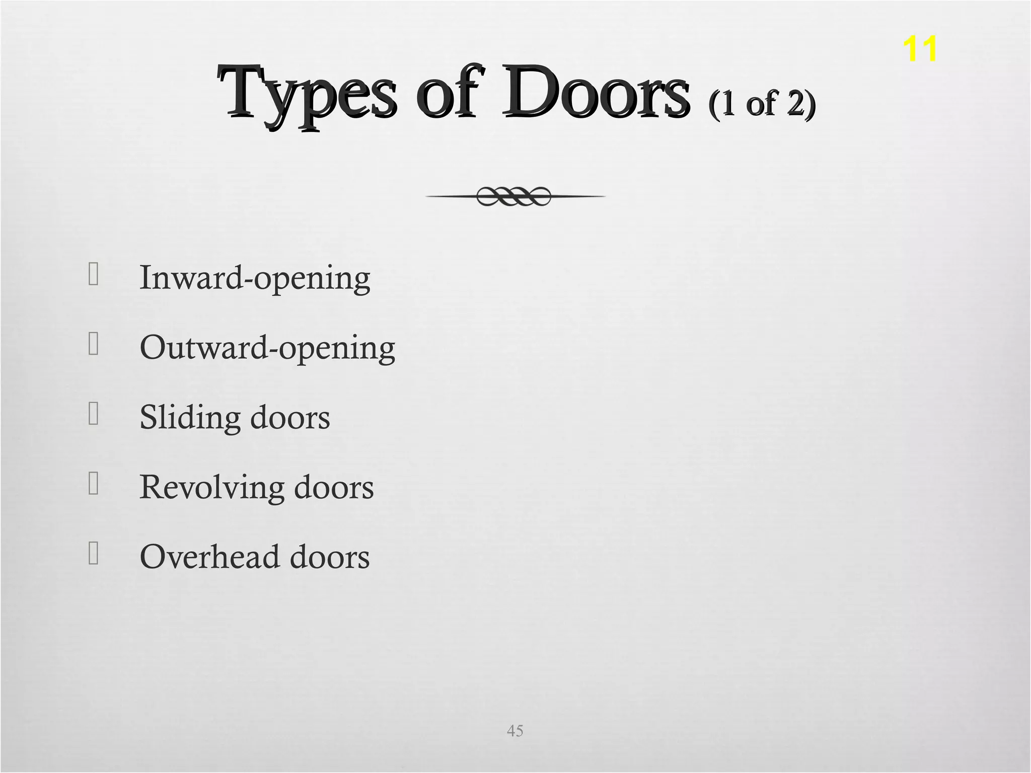 Types of DoorsTypes of Doors (1 of 2)(1 of 2)
 Inward-opening
 Outward-opening
 Sliding doors
 Revolving doors
 Overhead doors
45
11
 