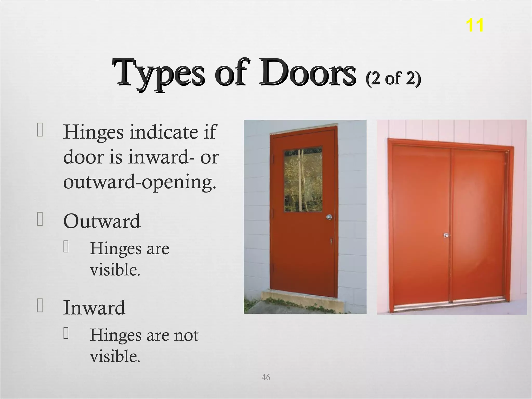 Types of DoorsTypes of Doors (2 of 2)(2 of 2)
 Hinges indicate if
door is inward- or
outward-opening.
 Outward
 Hinges are
visible.
 Inward
 Hinges are not
visible.
46
11
 