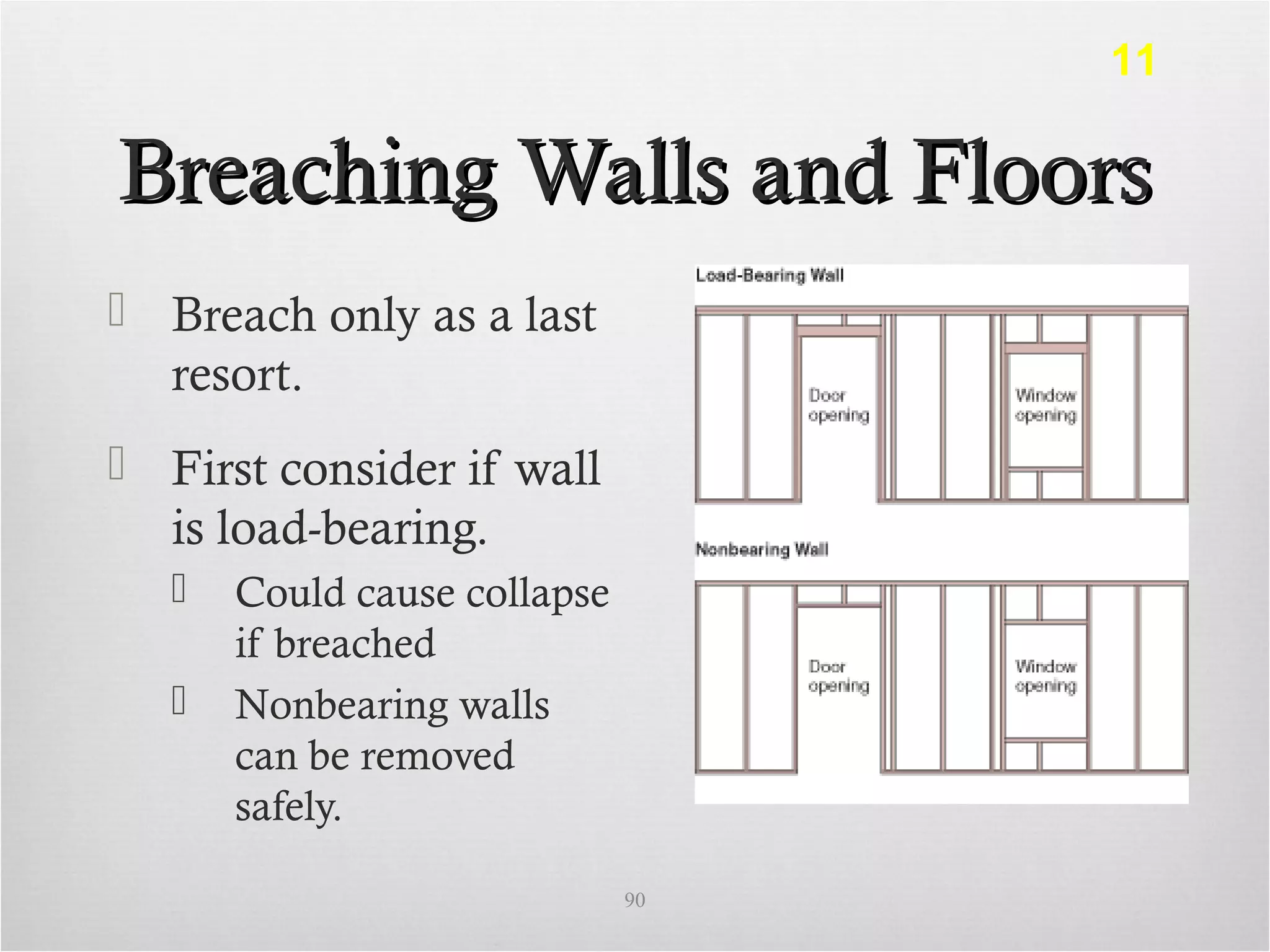 Breaching Walls and FloorsBreaching Walls and Floors
 Breach only as a last
resort.
 First consider if wall
is load-bearing.
 Could cause collapse
if breached
 Nonbearing walls
can be removed
safely.
90
11
 