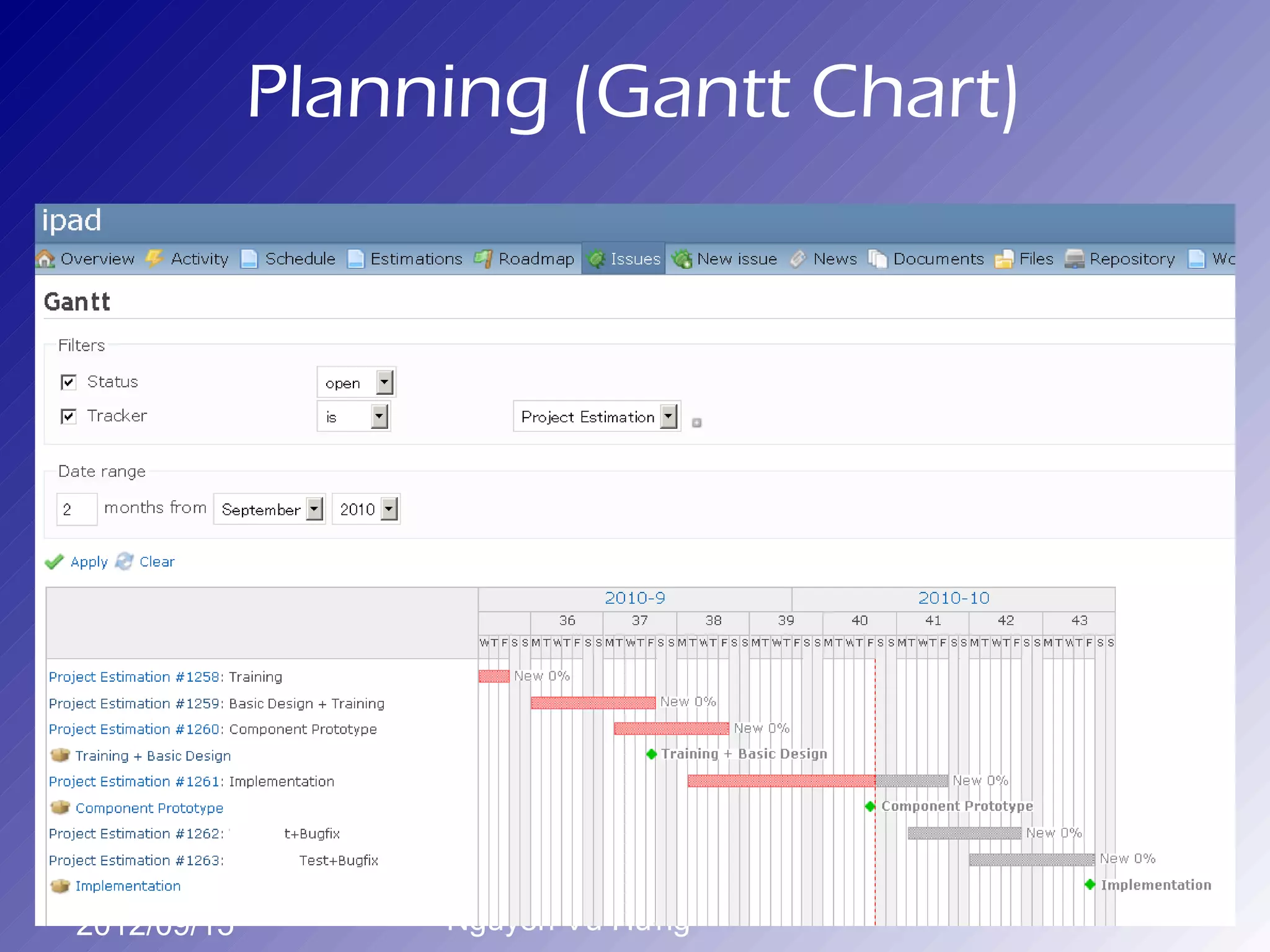 Planning (Gantt Chart)




2012/09/15        Nguyễn Vũ Hưng
 