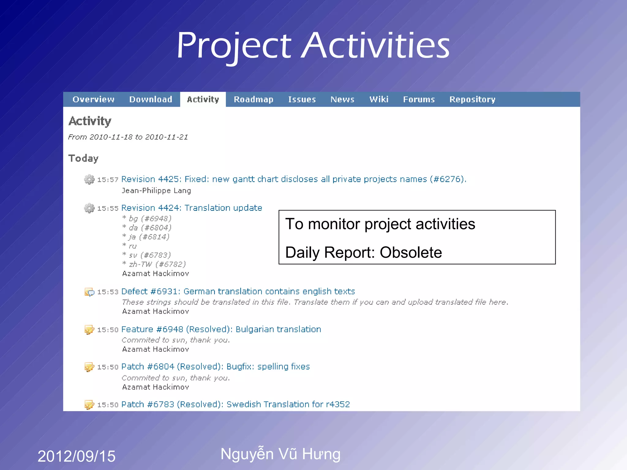 Project Activities



                      To monitor project activities
                      Daily Report: Obsolete




2012/09/15     Nguyễn Vũ Hưng
 