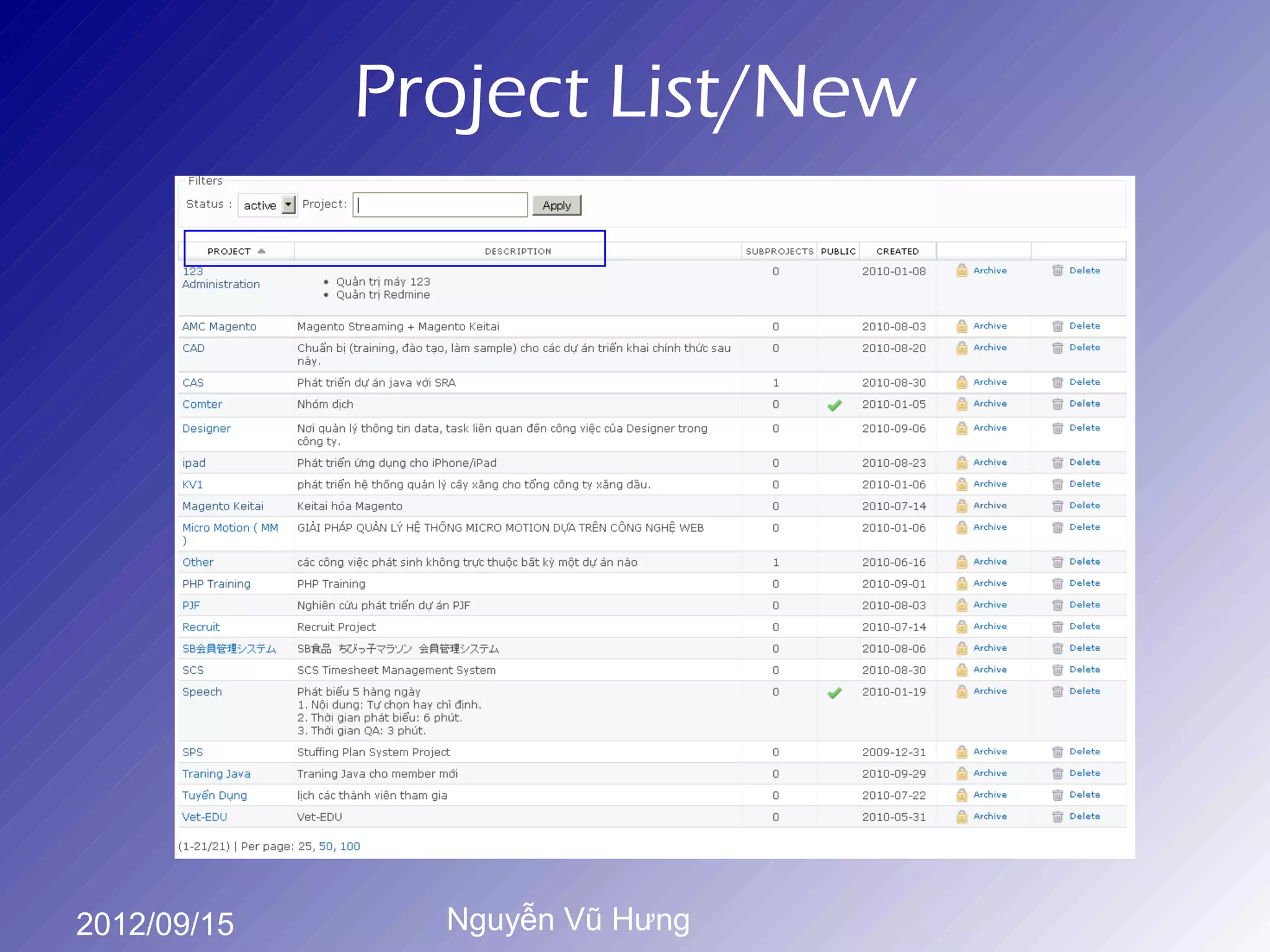 Project List/New




2012/09/15     Nguyễn Vũ Hưng
 