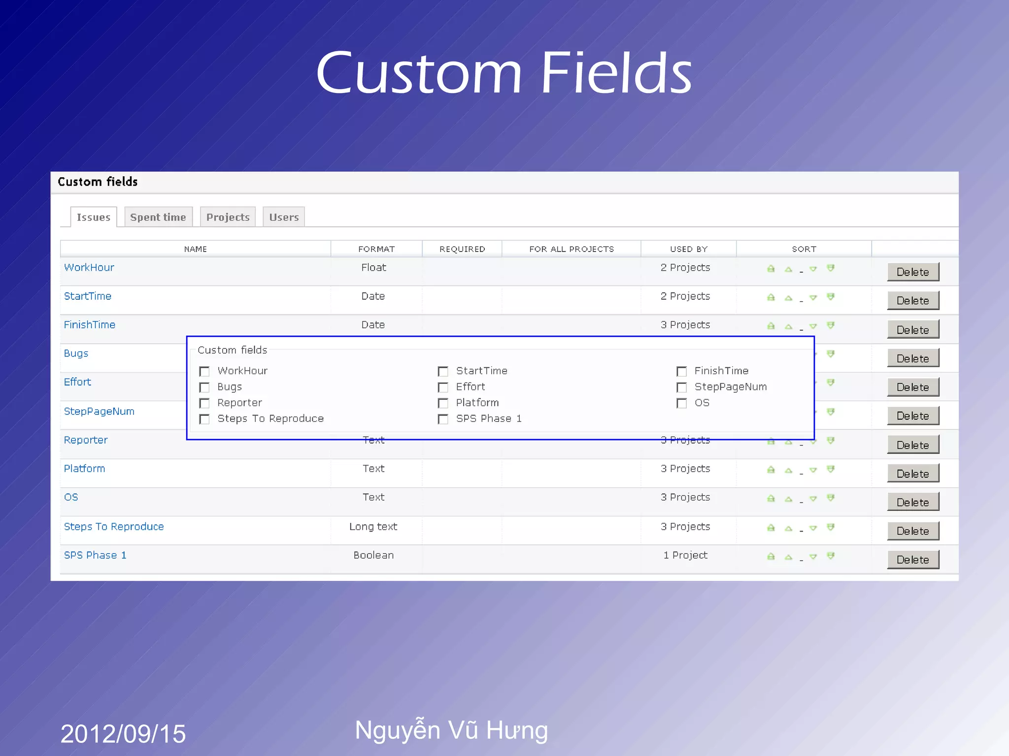 Custom Fields




2012/09/15    Nguyễn Vũ Hưng
 