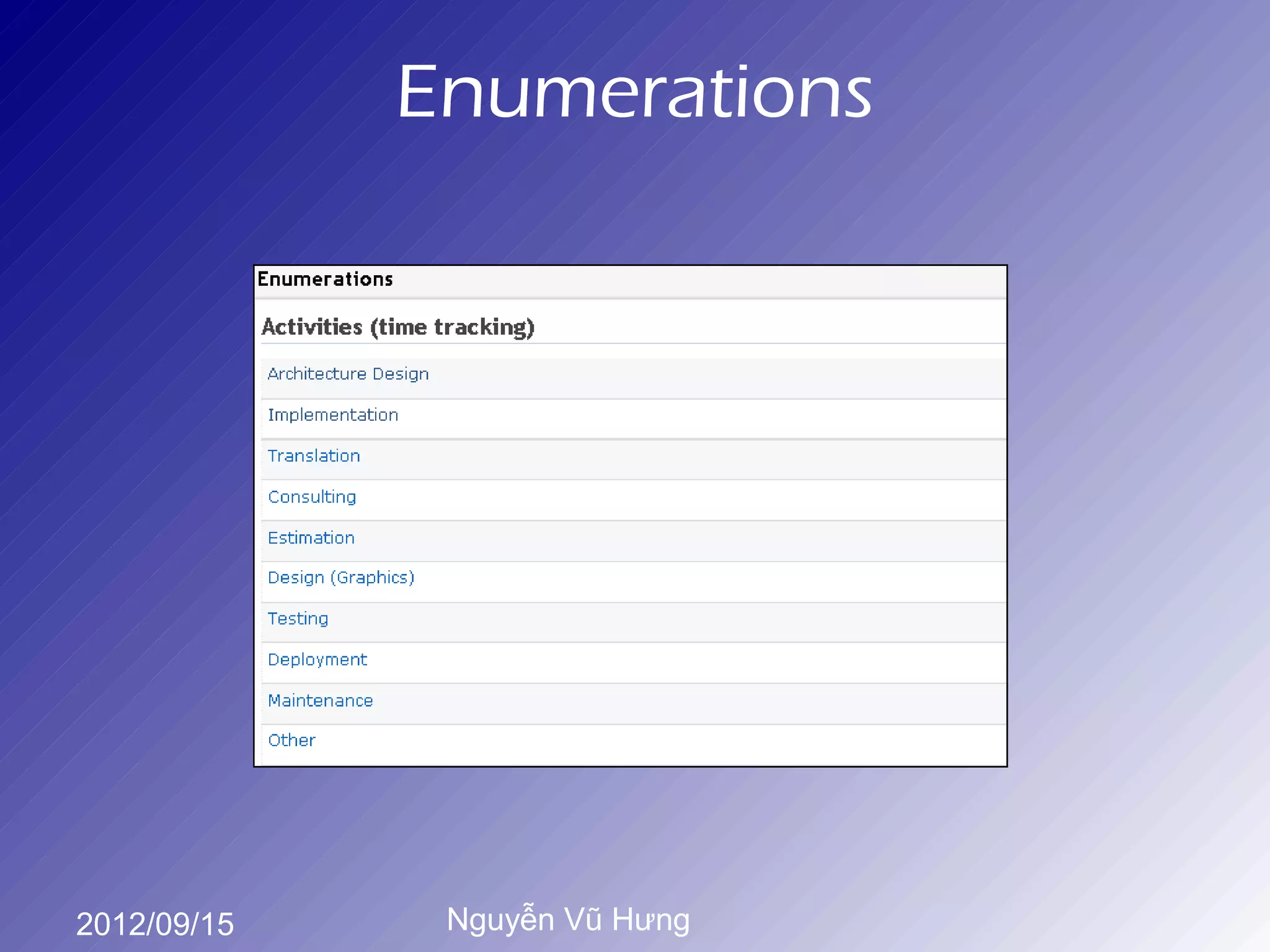 Enumerations




2012/09/15    Nguyễn Vũ Hưng
 
