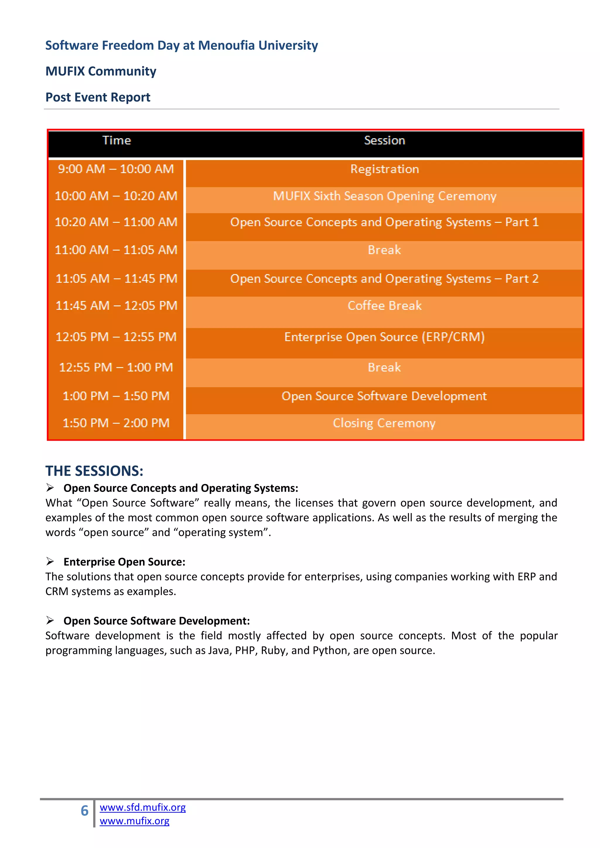 Software Freedom Day at Menoufia University
MUFIX Community
Post Event Report




THE SESSIONS:
 Open Source Concepts and Operating Systems:
What “Open Source Software” really means, the licenses that govern open source development, and
examples of the most common open source software applications. As well as the results of merging the
words “open source” and “operating system”.

 Enterprise Open Source:
The solutions that open source concepts provide for enterprises, using companies working with ERP and
CRM systems as examples.

 Open Source Software Development:
Software development is the field mostly affected by open source concepts. Most of the popular
programming languages, such as Java, PHP, Ruby, and Python, are open source.




      6   www.sfd.mufix.org
          www.mufix.org
 