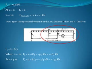 Fx = + w.x kN

At x = 0;

FC = 0

x = 1 m;

FB just right = 1 × 1 = + 1 kN

Now, again taking section between B and A, at a distance x from end C, the SF is:

Fx = x – 8/3
When, x = 1 m; FB = 1 – 8/3 = –5/3 kN = –1.67 kN
At x = 4 m;

FA = 4 – 8/3 = + 4/3 kN = + 1.33 kN

 