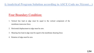 i) Analytical Program Solution according to ASCE Code no 31(cont…)
1. Vertical line load at edge must be equal to the vertical component of the
membrane transverse force.
2. Horizontal displacement at edge must be zero.
3. Shearing line load at edge must be equal to the membrane shearing force
4. Rotation of edge must be zero.
Four Boundary Condition:
1/64
 