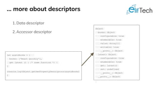 … more about descriptors
1. Data descriptor
2. Accessor descriptor
let azatsBooks = {
books: ['React Quickly'],
get latest () { /* some function */ }
}
console.log(Object.getOwnPropertyDescriptors(azatsBooks)
)
Object
books: Object
configurable: true
enumerable: true
value: Array[1]
writable: true
__proto__: Object
latest: Object
configurable: true
enumerable: true
get: latest()
set: undefined
__proto__: Object
__proto__: Object
 