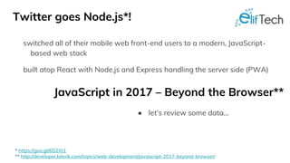 Twitter goes Node.js*!
switched all of their mobile web front-end users to a modern, JavaScript-
based web stack
built atop React with Node.js and Express handling the server side (PWA)
JavaScript in 2017 – Beyond the Browser**
● let’s review some data...
* https://goo.gl/6D2Xt1
** http://developer.telerik.com/topics/web-development/javascript-2017-beyond-browser/
 
